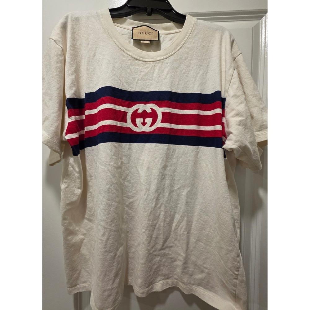 Gucci Off White Red Blue Stripe Logo T Shirt Men's sz L Made in Italy Luxury - Picture 11 of 13